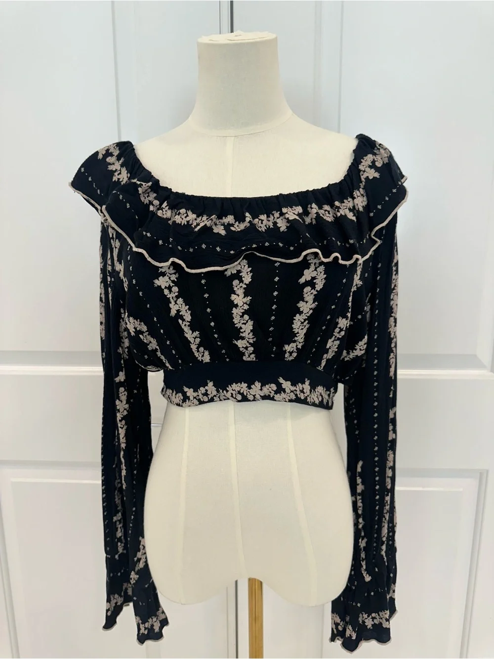Free People Lolita Navy and Cream Patterned Detail Cropped Boho Style -Top Only